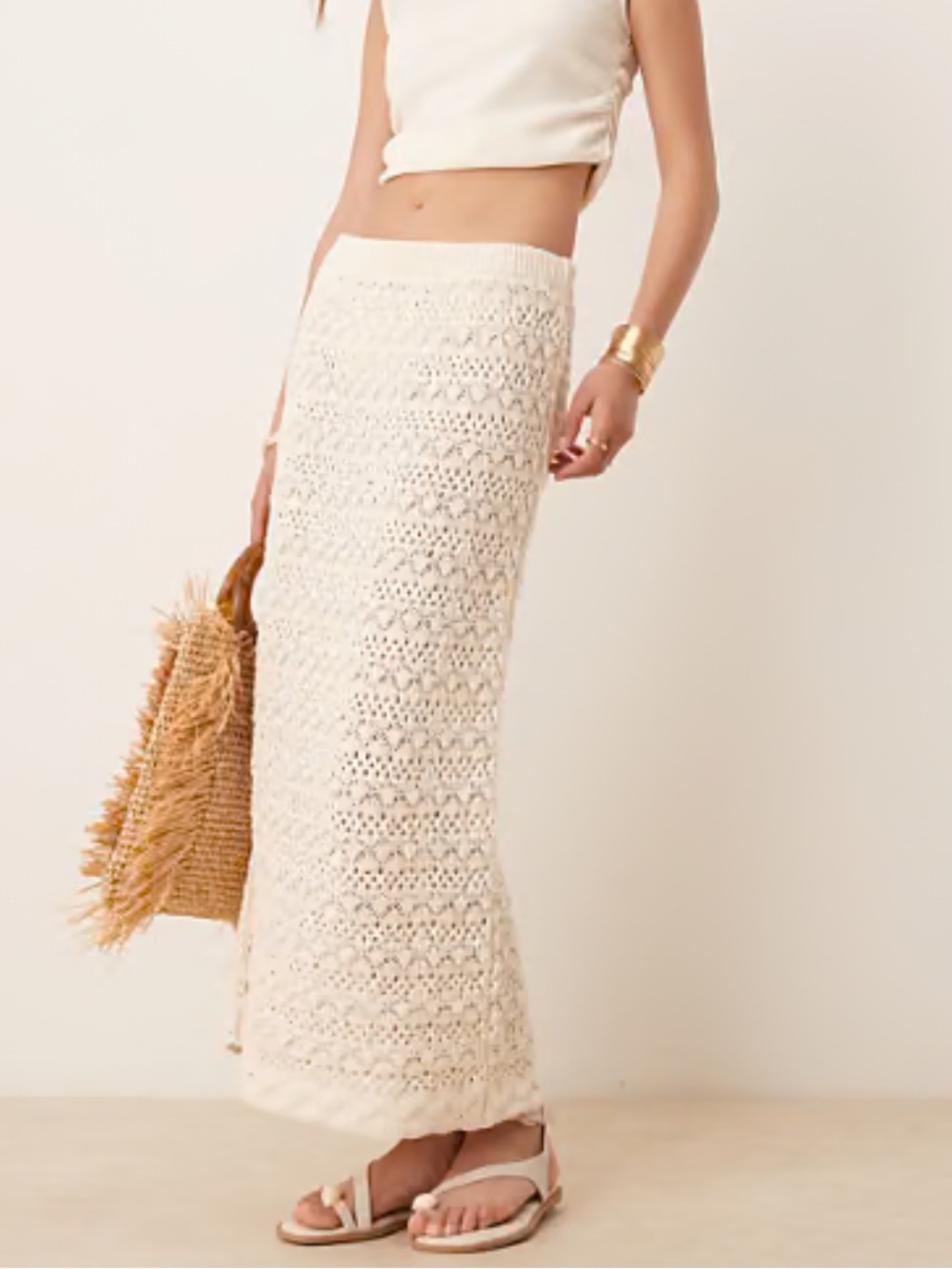 ASOS DESIGN Knitted Maxi Skirt Ecru Women's Size XS Beachy Resort Low Rise